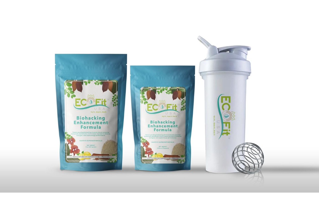 EcoFit USA product — two bags of biohacking enhancement formula and shaker bottle